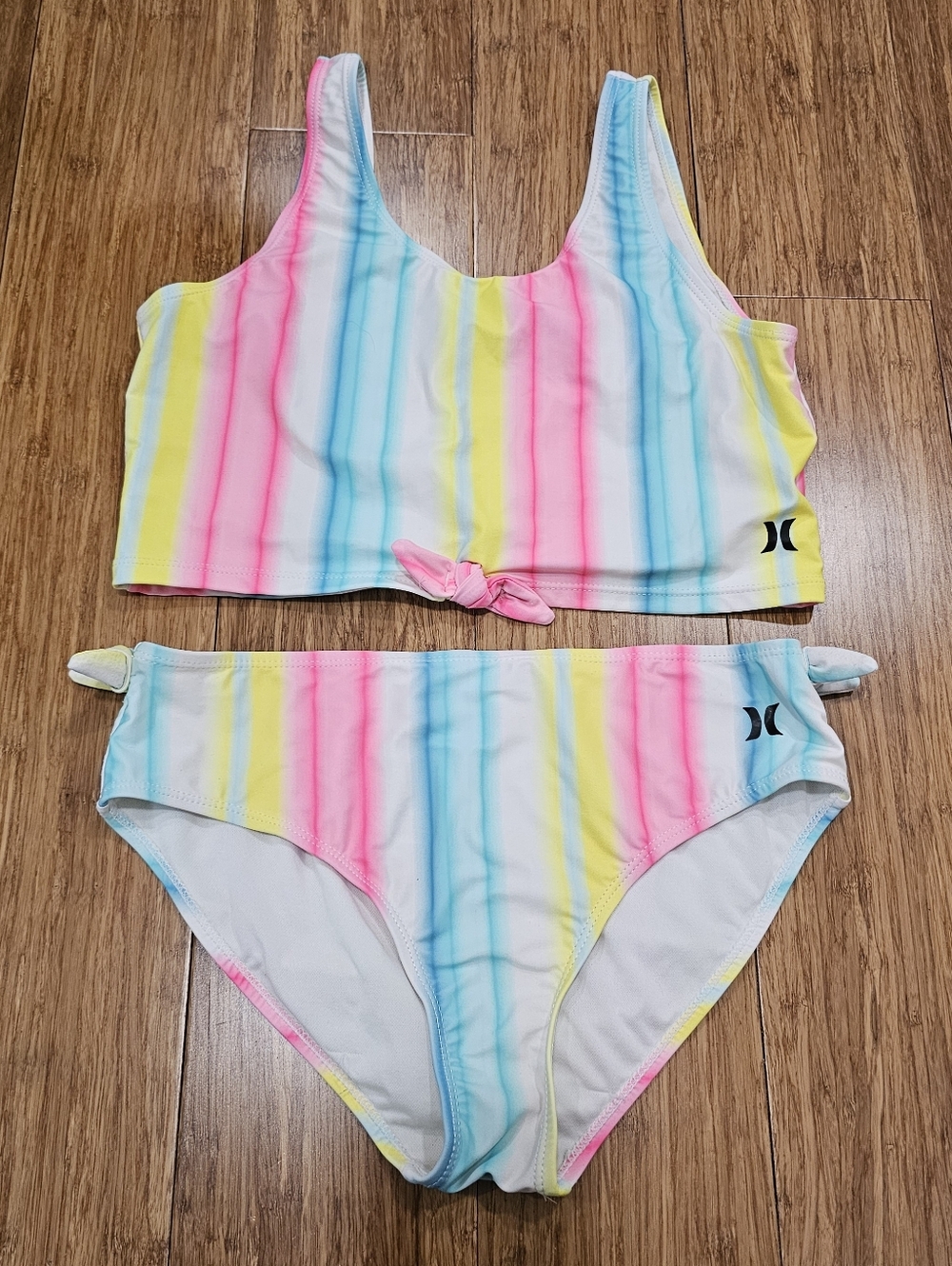 Hurley Girls XL Tie-Front 2-Piece Bikini – Pastel Sunset Stripes